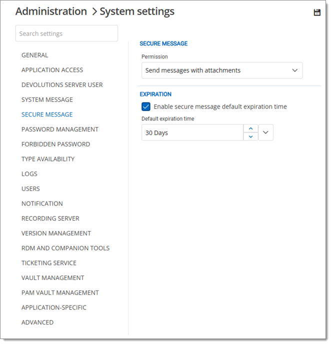 Administration – System settings – Secure message