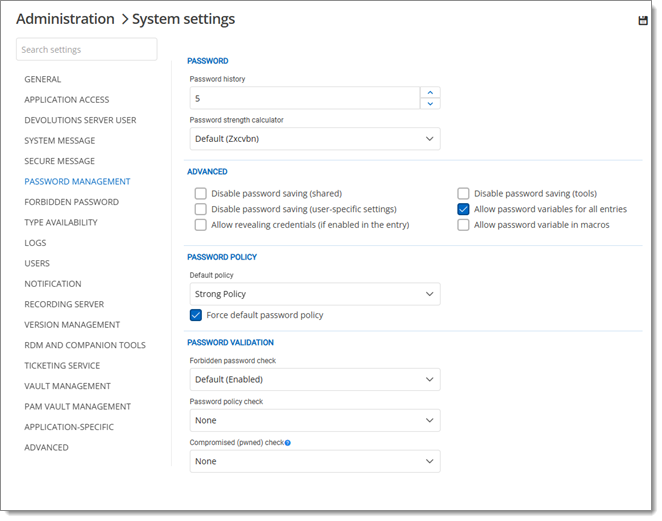 Administration – System settings – Password management