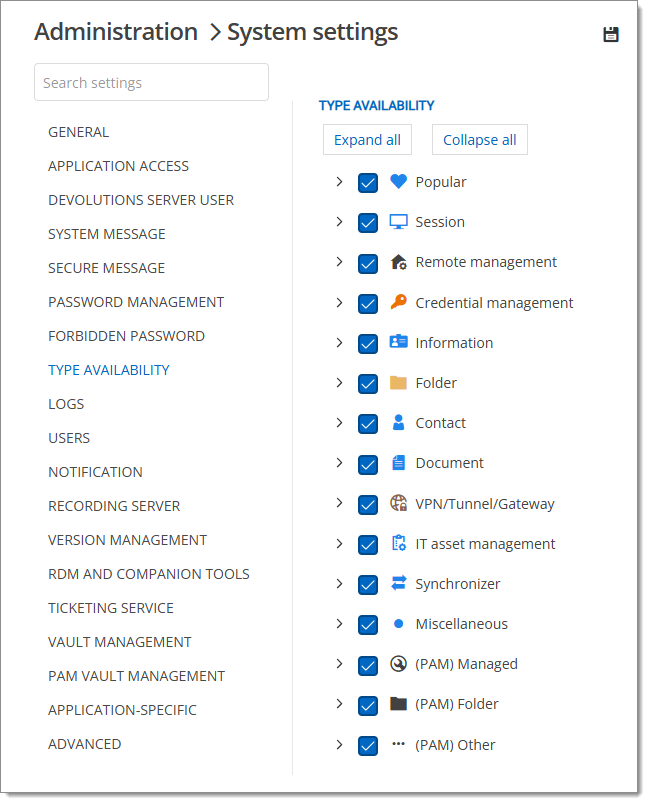 Administration – System settings – Type availability