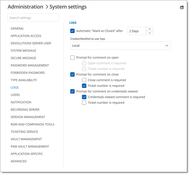 Administration – System settings – Logs