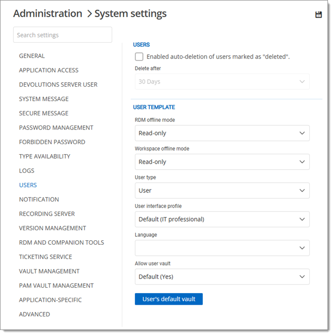 Administration – System settings – Users