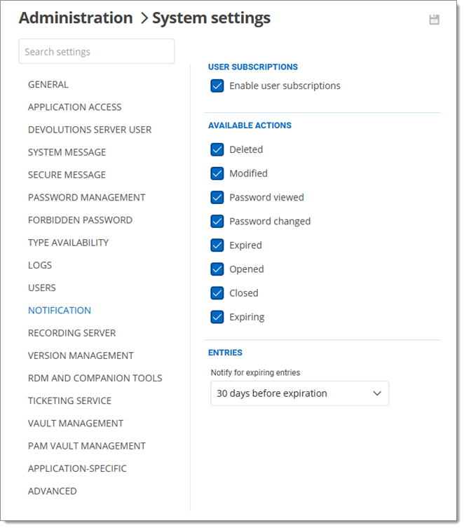 Administration – System settings – Notification