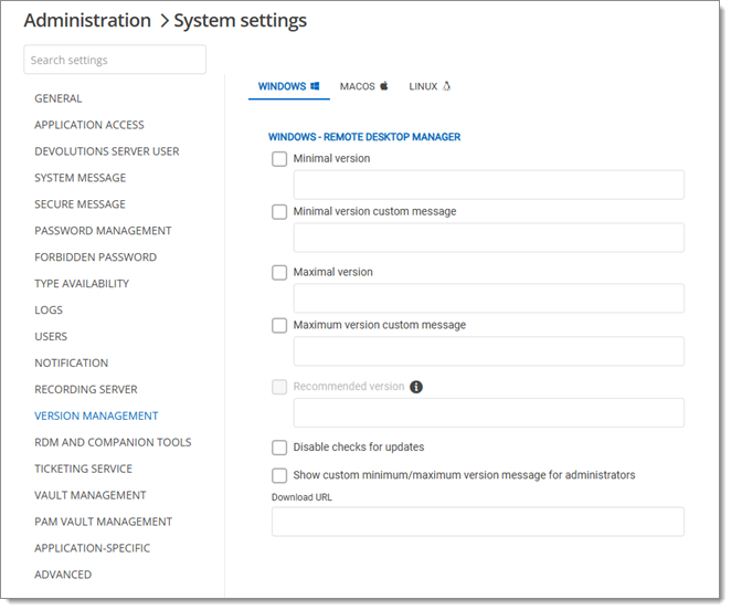 Administration – System settings – Version management