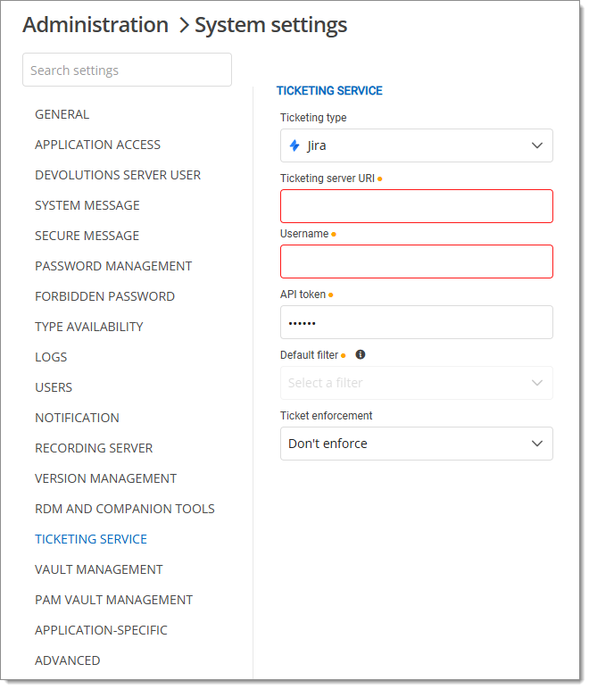 Administration – System settings – Ticketing service