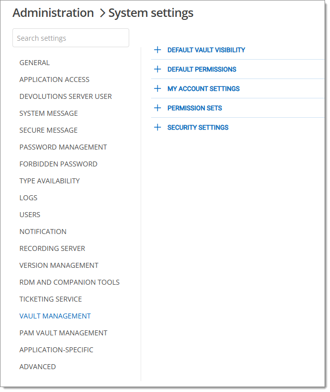 Administration – System settings – Vault management