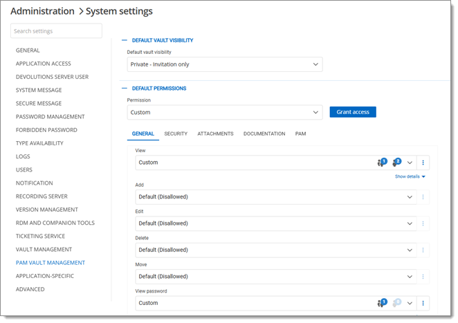 Administration – System settings – PAM vault management
