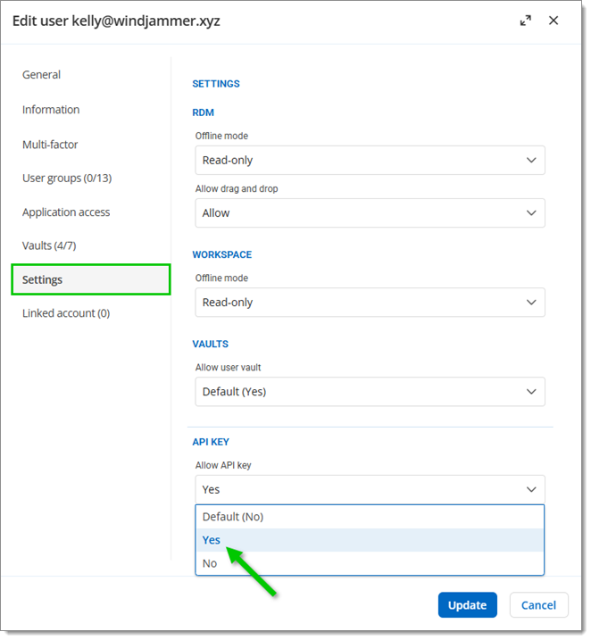Allow API keys for specific users