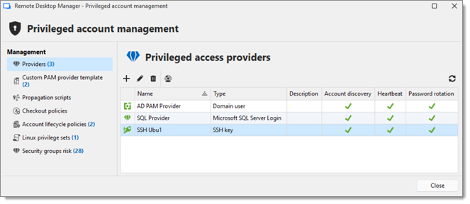 Privileged account management window in Remote Desktop Manager