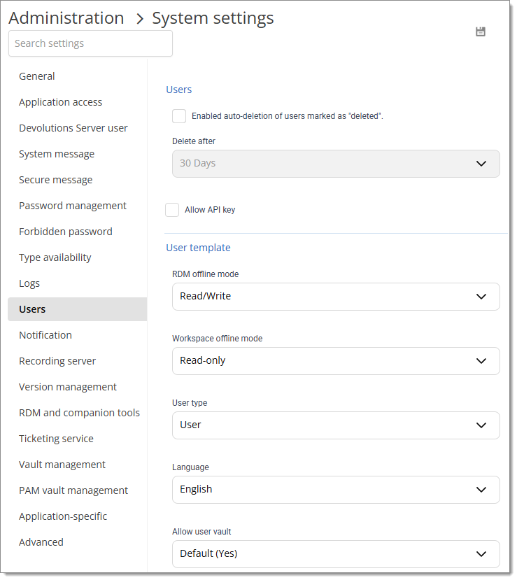 Administration – System settings – Users