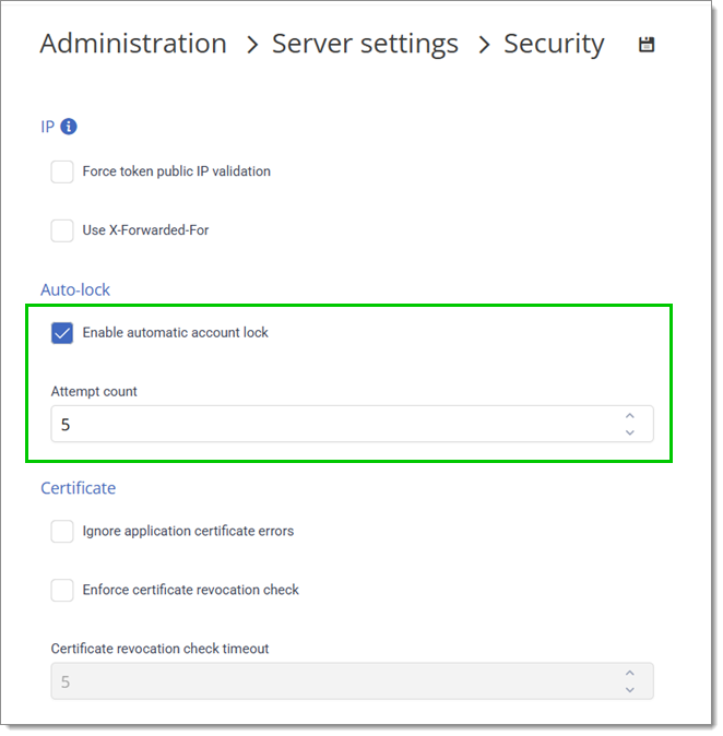 Administration – Server settings – Security