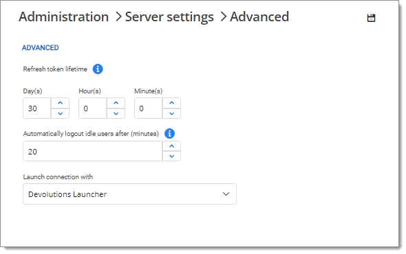 Administration – Server settings – Advanced – Refresh token lifetime