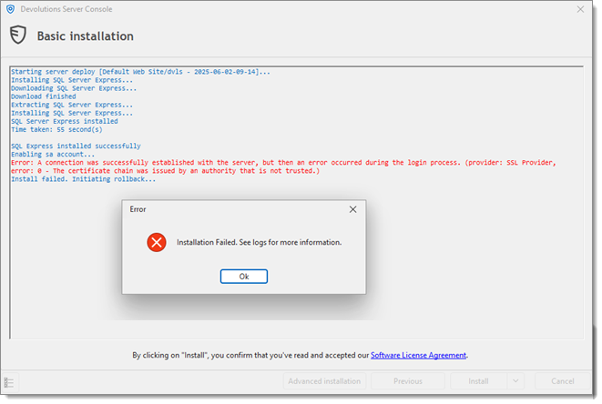 Installation failed message