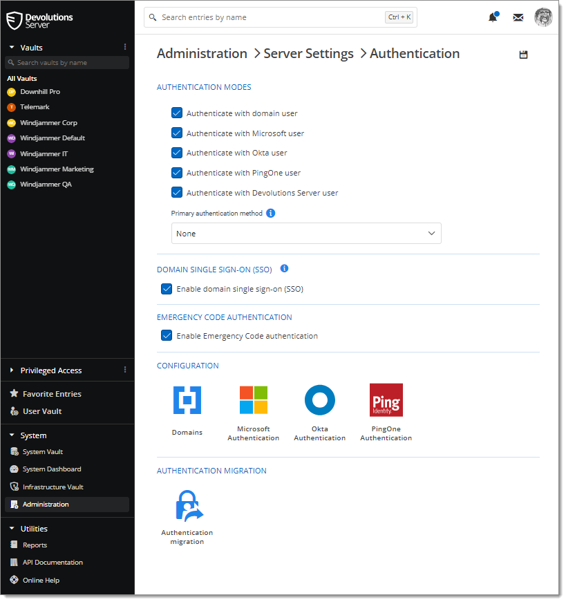 Adminsitration – Server Settings – Authentication
