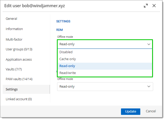 Administration – Users – Edit – Settings