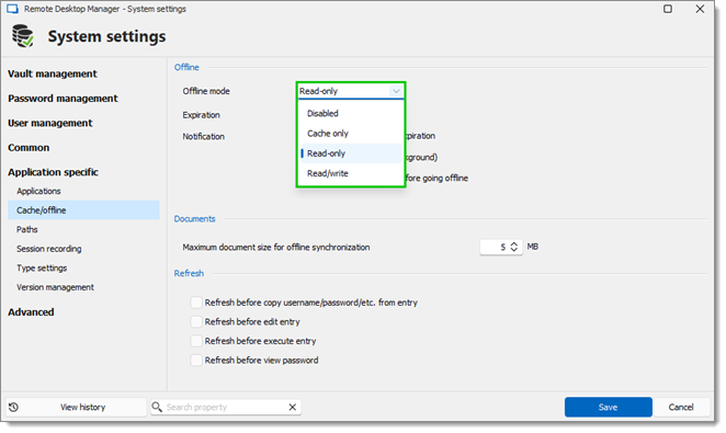 Administration – System Settings – Cache/offline