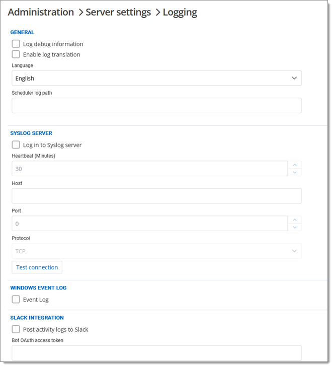 Administration – Server settings – Logging