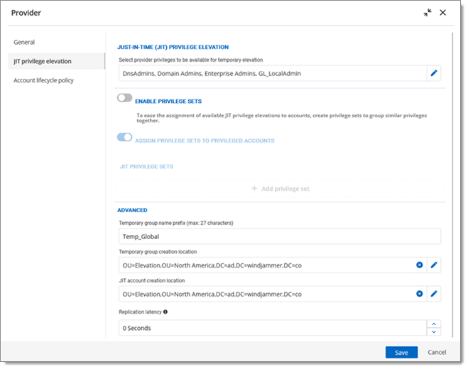 JIT privilege elevation settings