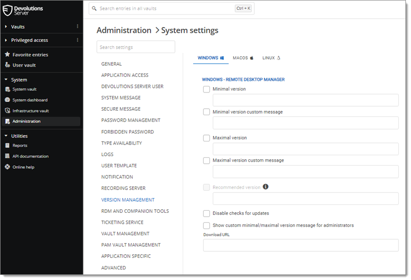 Administration – System settings – Version Management