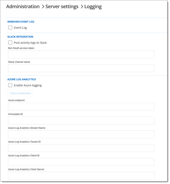 Administration - Server settings - Logging