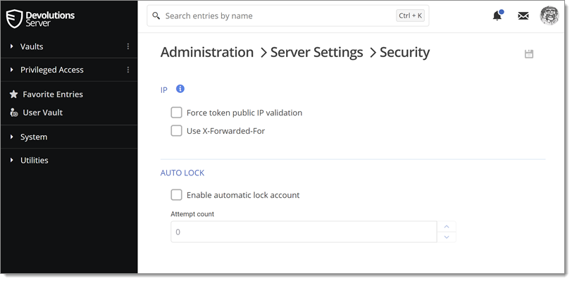 Administration – Server Settings – Security