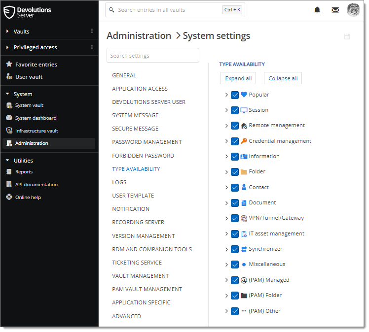 Administration – System Settings – Type Availability