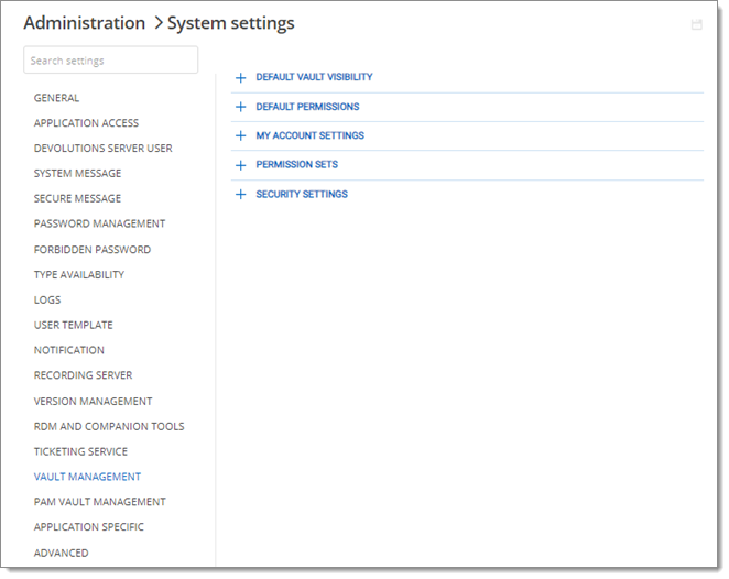 Administration - System settings - Vault management