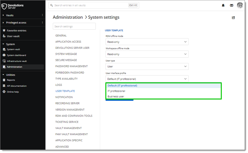 Administration – System settings – General – User template