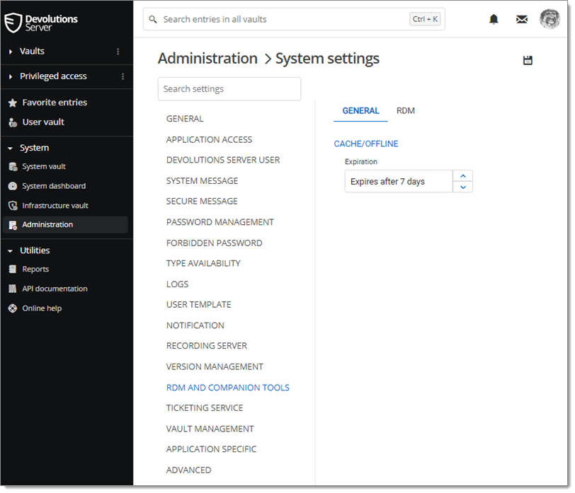 Administration – System Settings – RDM and companion tools – General