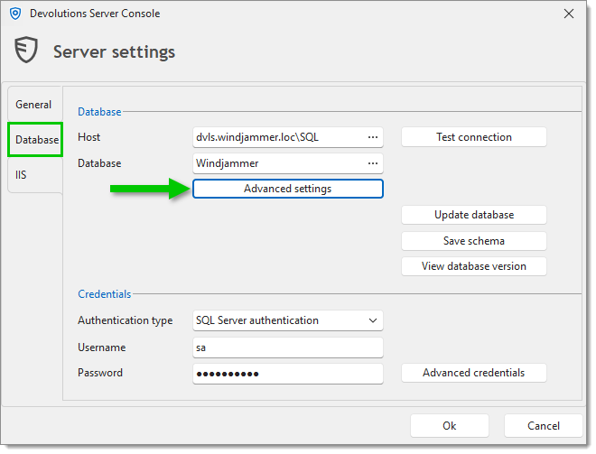 Database – Advanced settings