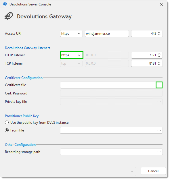 Change the HTTP listener and choose a different certificate