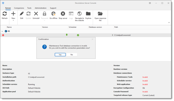 Maintenance Tool database connection is invalid