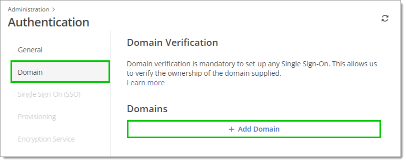 Administration – Authentication – Domain – Add domain