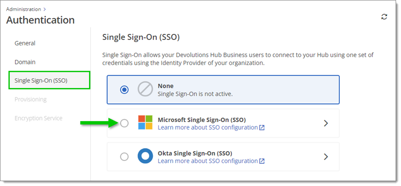 Administration – Authentication – Single Sign-On (SSO) – Microsoft Single Sign-On (SSO)