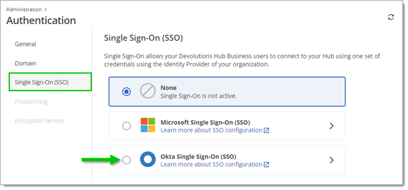 Administration – Authentication – Single Sign-On (SSO) – Okta Single Sign-On (SSO)