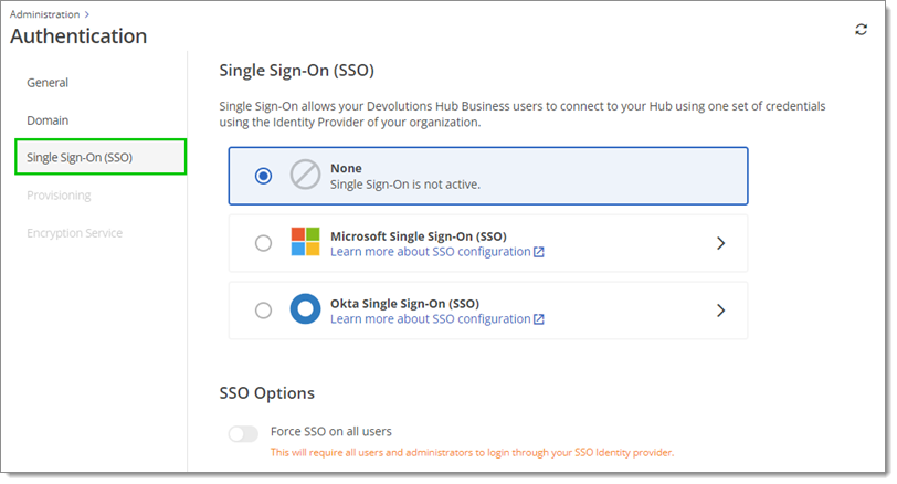 Administration – Authentication – Single Sign-On (SSO)