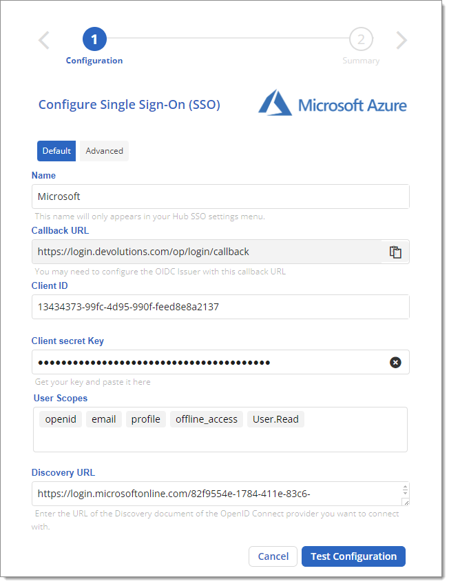 SSO information (example with Microsoft Azure)