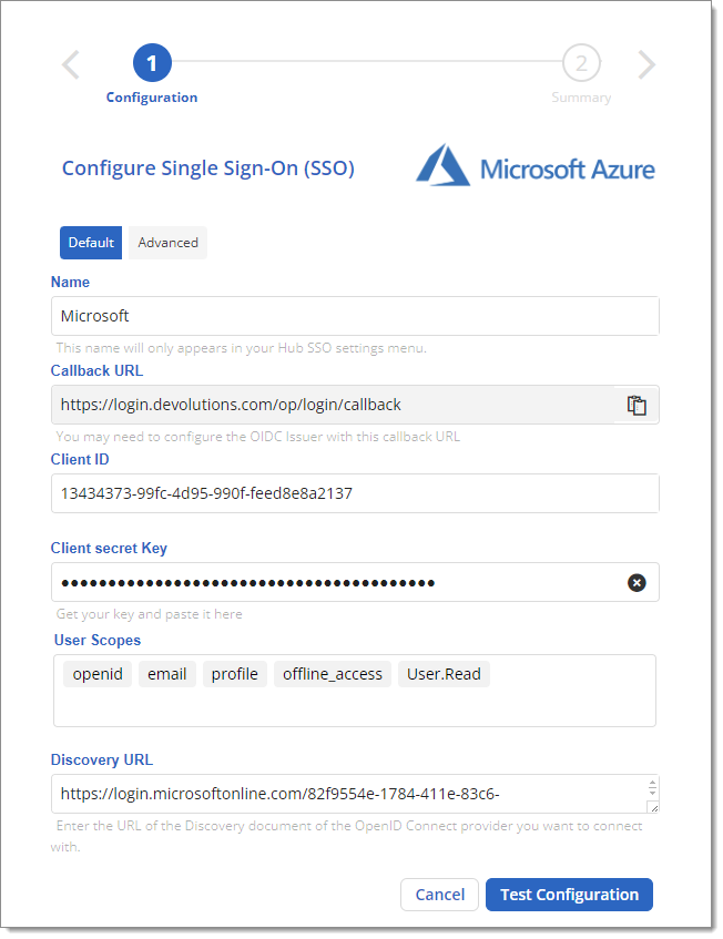 Information SSO (exemple avec Microsoft Azure)