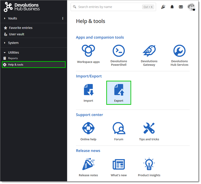 Help  tools – Export
