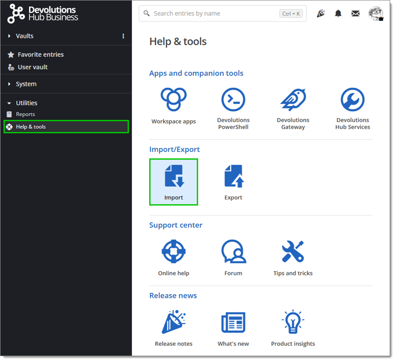 Help tools – Import
