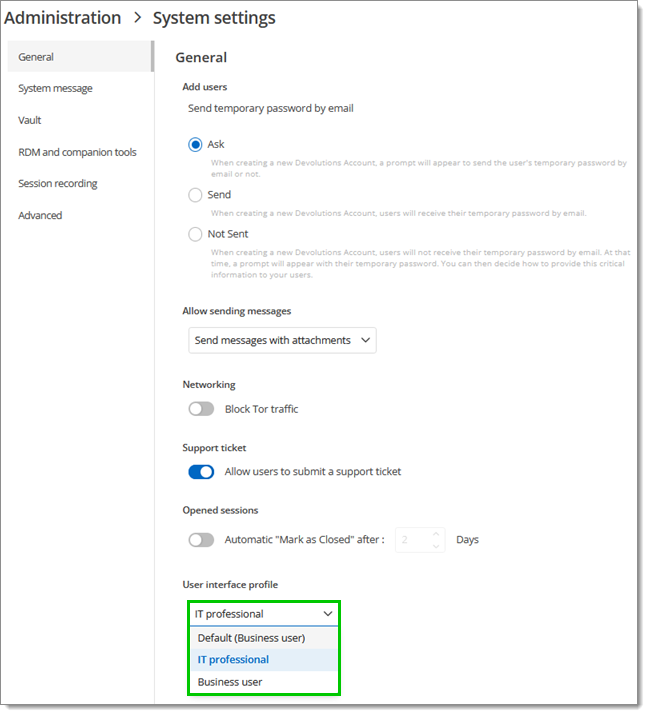 Administration – System settings – General – User interface profile