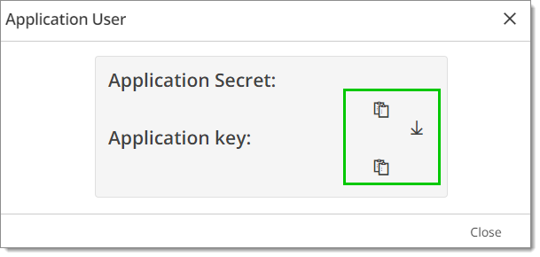 Save the given Application Secret and Application key to your clipboard or as a PDF file