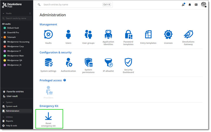 Devolutions Hub – Administration – Emergency Kit – Reset Emergency Kit