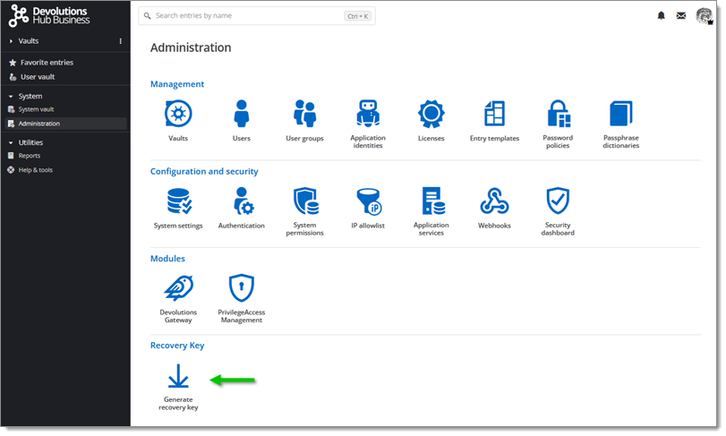 Administration – Generate recovery key