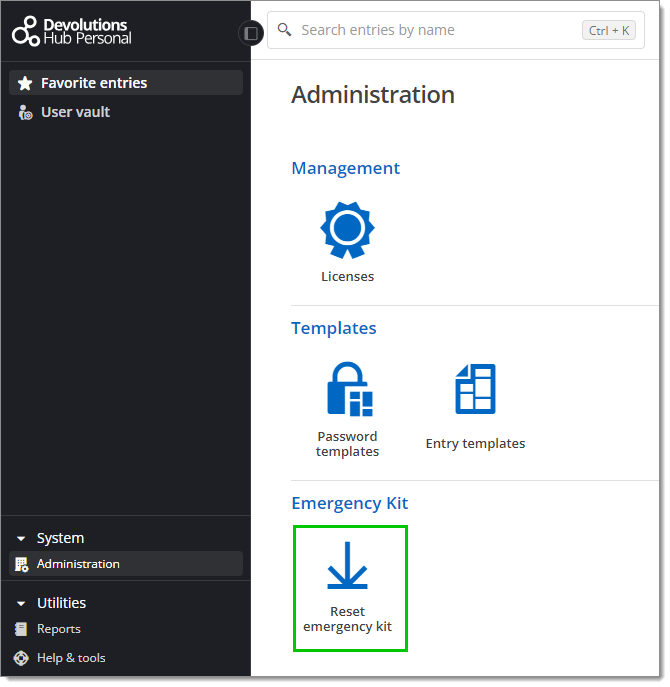Administration – Emergency Kit – Reset emergency Kit