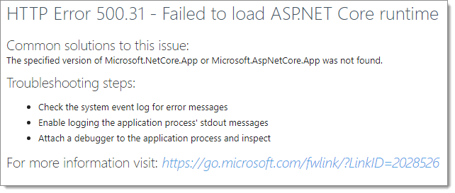 Erreur HTTP 500.31 - Échec du chargement du runtime ASP.NET Core