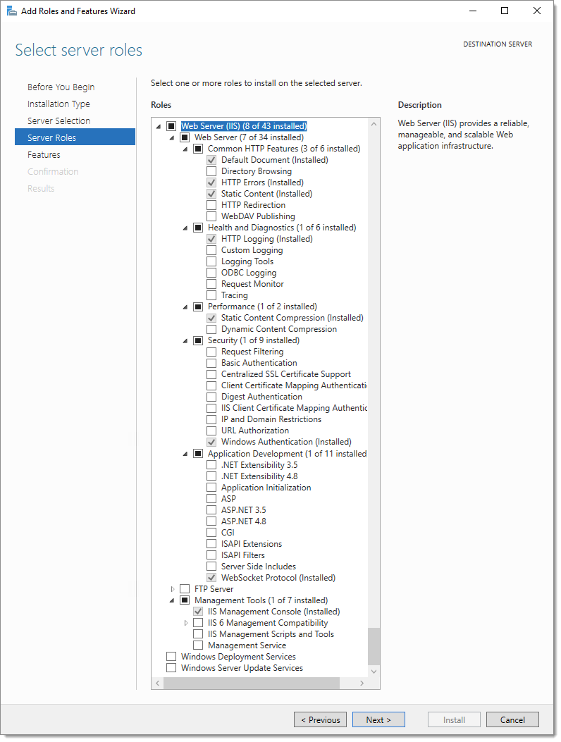 Web server roles needed for Devolutions Server