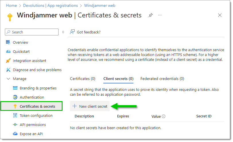 Certificats & secrets – Nouveau secret client