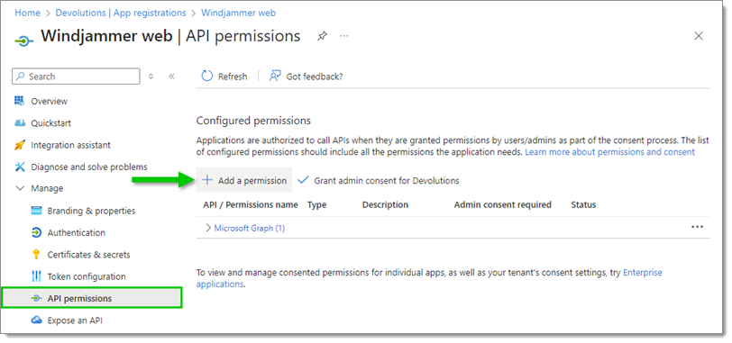 API permissions – Add a permission