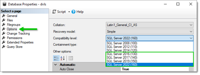 Set Devolutions Server database compatibility level to at least 130 in SSMS