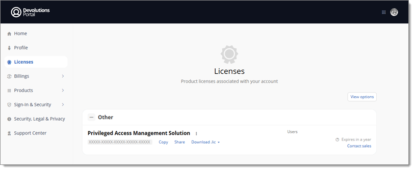Licenses in the Devolutions portal with serials and download options